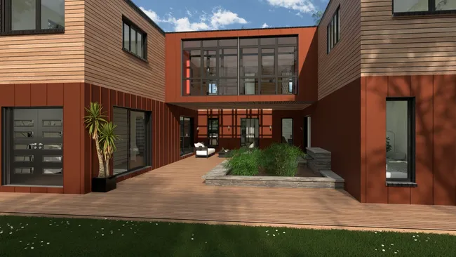3D render of U-shaped stacked containers with a central courtyard