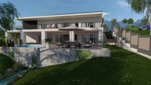 3D render of the rear facade with sloped terrain of a modern house designed with Cedreo