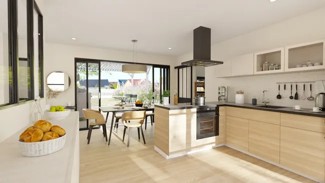 Renderización 3D de una cocina centrada en la salud y el bienestar diseñada con Cedreo