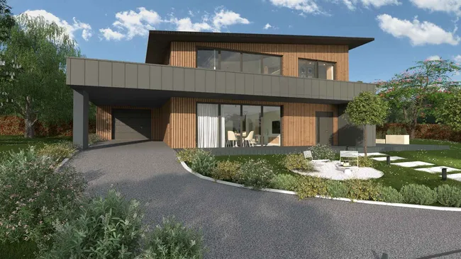 Renderización 3D de una casa moderna con fachada ventilada por cedreo.