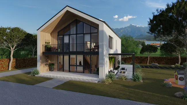 Renderización 3D de una casa moderna con fachada ventilada por cedreo.