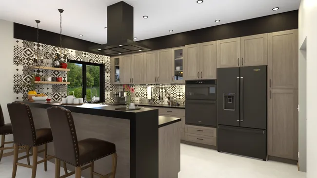 Renderización 3D de una cocina con salpicaderos retroiluminados diseñados con Cedreo