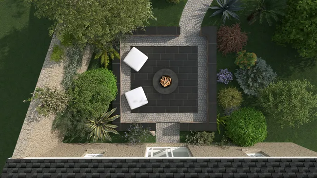 Rendu d'un plan 3D d'un jardin avec un patio réaliser par le logiceil Cedreo