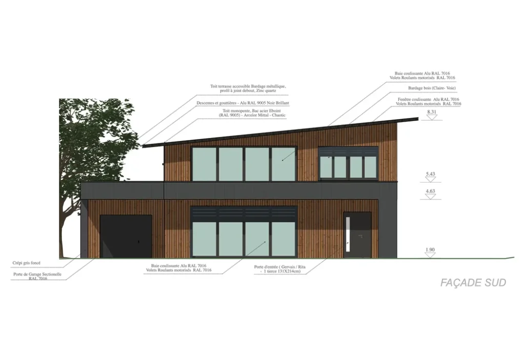 Plan de façade sud d'une maison en bois réalisé avec Cedreo